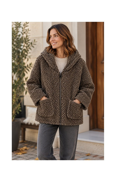 Jacke Polyester kurz mit Kapuze, 2 Taschen und Reissverschluss braun - One Size