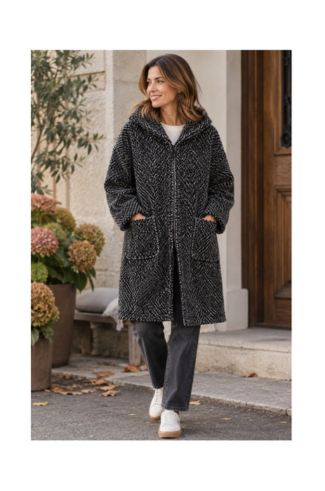 Jacke Polyester lang mit Kapuze, 2 Taschen und Reissverschluss schwarz - One Size
