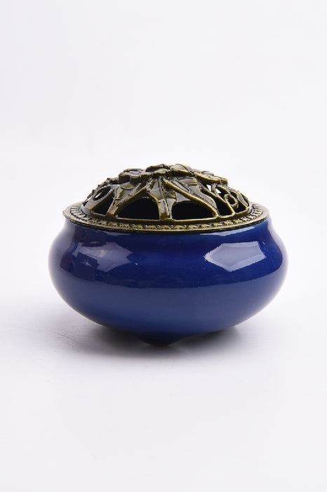 Incense burner round ceramic/brass flower blue/gold-colored 7x10cm