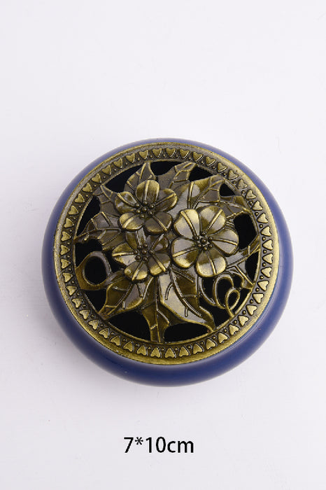 Incense burner round ceramic/brass flower blue/gold-colored 7x10cm