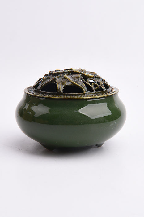 Encensoir rond céramique/fleur en laiton olive/doré 7x10cm
