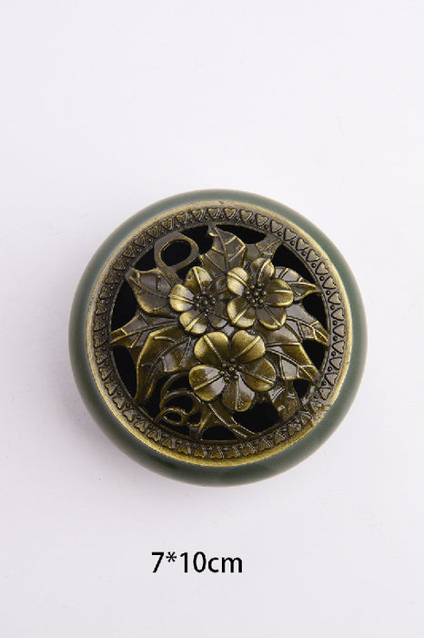 Encensoir rond céramique/fleur en laiton olive/doré 7x10cm