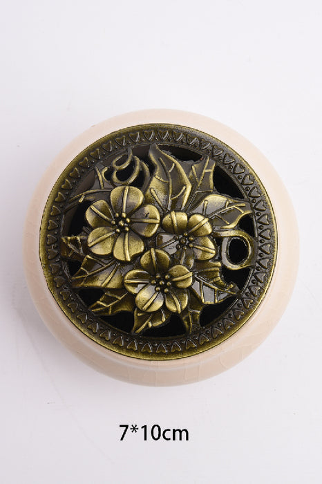 Räuchergefäss rund Keramik/Messingblume weiss/goldfarben 7x10cm