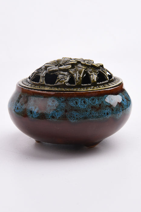 Incense burner round ceramic/brass flower petrol/brown/gold-coloured 7x10cm
