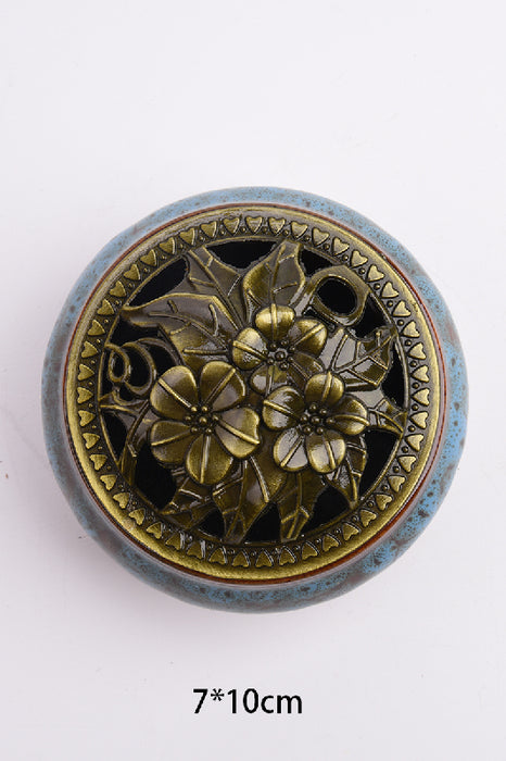 Incense burner round ceramic/brass flower petrol/brown/gold-coloured 7x10cm