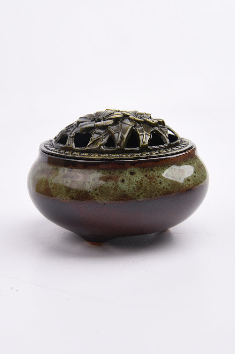 Encensoir rond céramique/fleur en laiton marron/vert foncé/doré 7x10cm