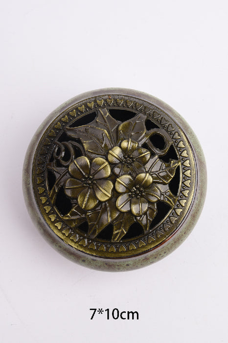 Encensoir rond céramique/fleur en laiton marron/vert foncé/doré 7x10cm