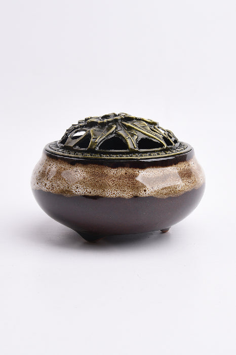Incense burner round ceramic/brass flower brown/gold-colored 7x10cm