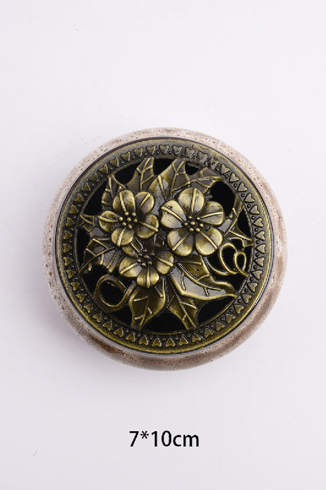 Incense burner round ceramic/brass flower brown/gold-colored 7x10cm