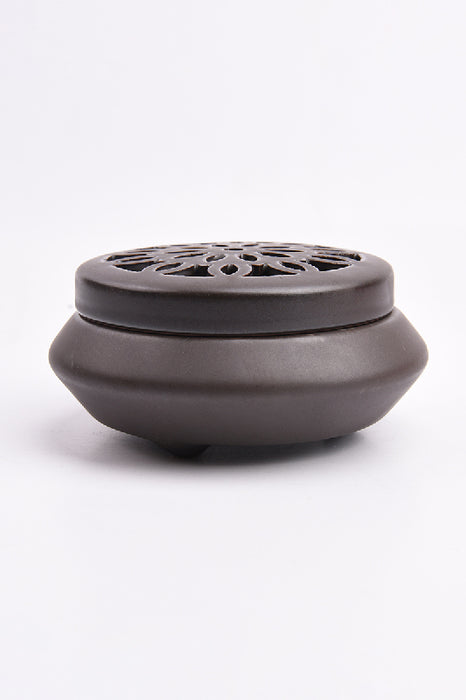 Round ceramic incense burner with mandala lid brown 12x5.5cm