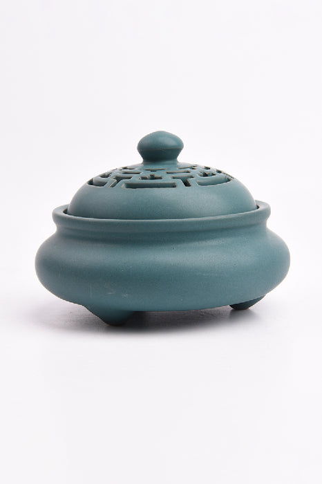 Round ceramic incense burner with lid petrol 12x9cm