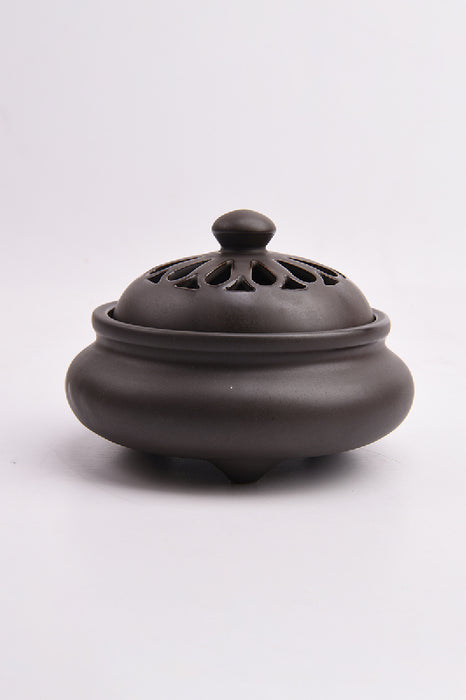 Round ceramic incense burner with lid, brown, 12x9cm
