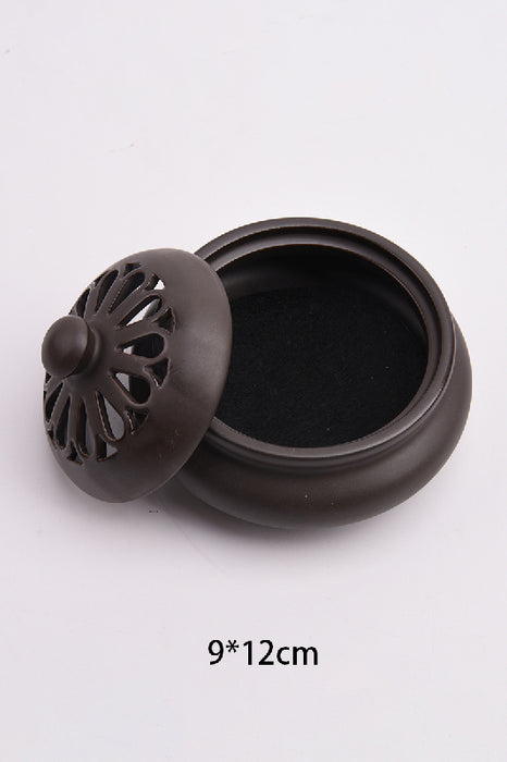 Round ceramic incense burner with lid, brown, 12x9cm