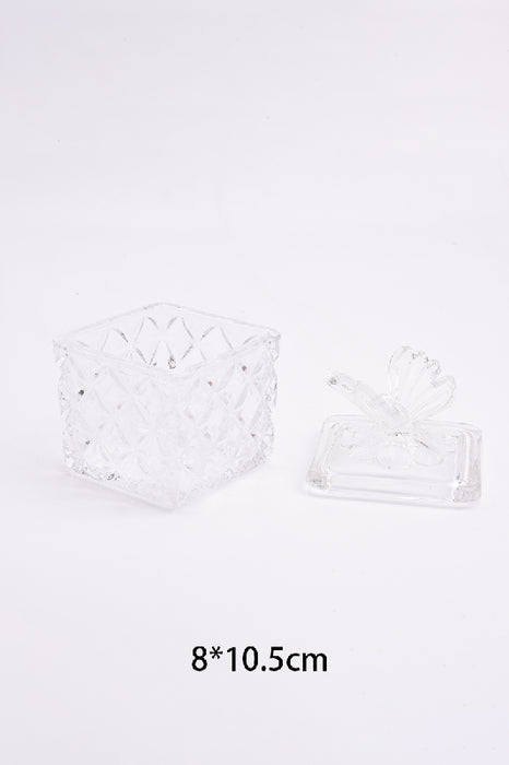 Glasdose quadratisch mit Deckel in Schmetterlingsform klar 8x10.5cm