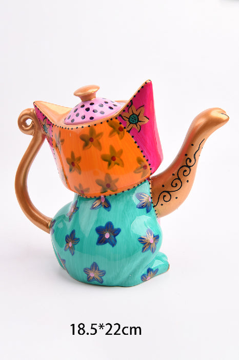 Teekrug Keramik katzenförmig türkis/rot/goldfarben/multicolor 22x18.5cm