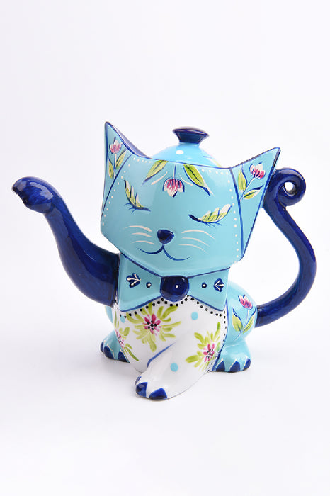 Teekrug Keramik katzenförmig blau/weiss/multicolor 22x18.5cm