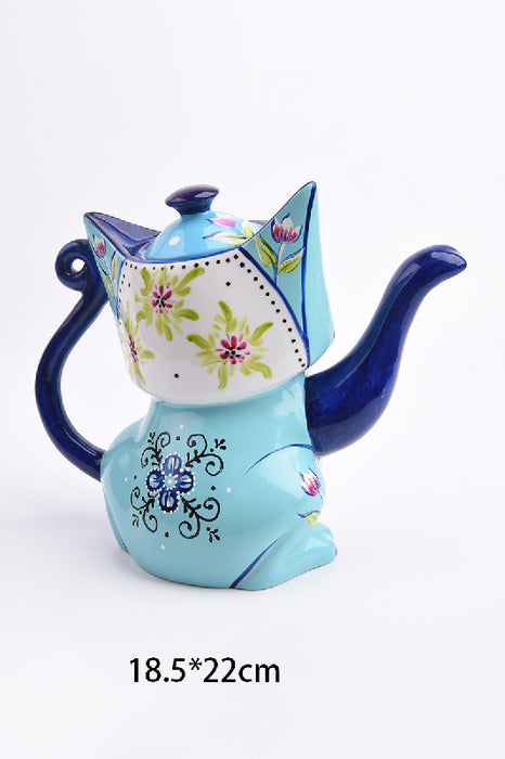 Teekrug Keramik katzenförmig blau/weiss/multicolor 22x18.5cm