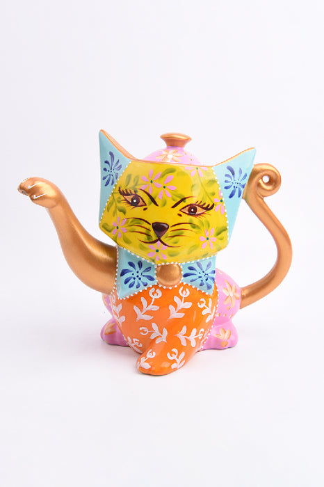 Teekrug Keramik katzenförmig gelb/rosa/grün/orange/multicolor 22x18.5cm