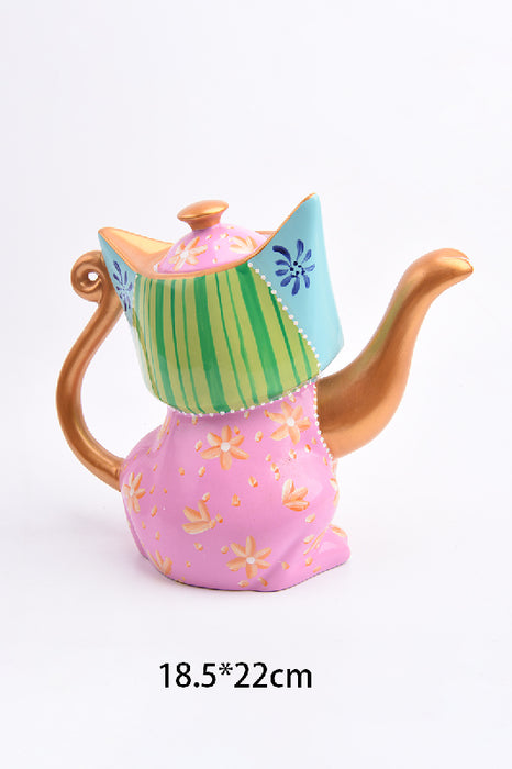 Teekrug Keramik katzenförmig gelb/rosa/grün/orange/multicolor 22x18.5cm
