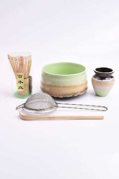 Keramik Matcha Tee Set 5-teilig grün/braun/mutlicolor mit Bambus Rührbesen 23x17.5x11cm