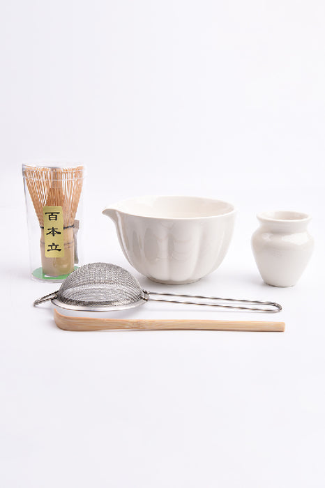 Keramik Matcha Tee Set 5-teilig weiss mit Bambus Rührbesen 23x17.5x11cm