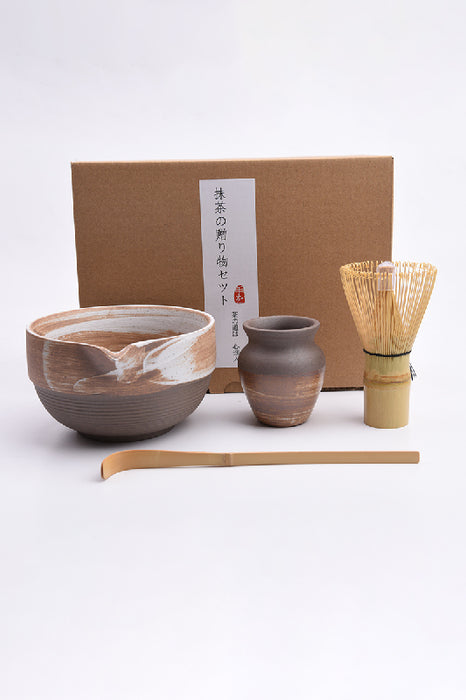 Keramik Matcha Tee Set 5-teilig braun/weiss mit Bambus Rührbesen 23x17.5x11cm