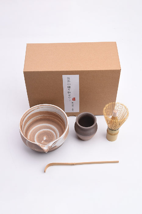 Keramik Matcha Tee Set 5-teilig braun/weiss mit Bambus Rührbesen 23x17.5x11cm