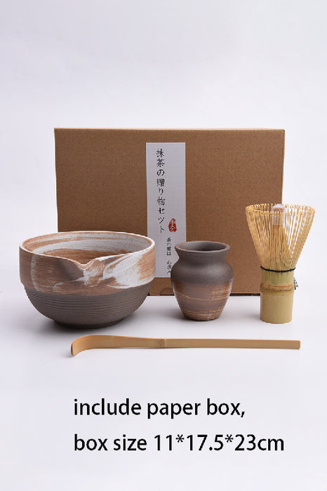 Keramik Matcha Tee Set 5-teilig braun/weiss mit Bambus Rührbesen 23x17.5x11cm