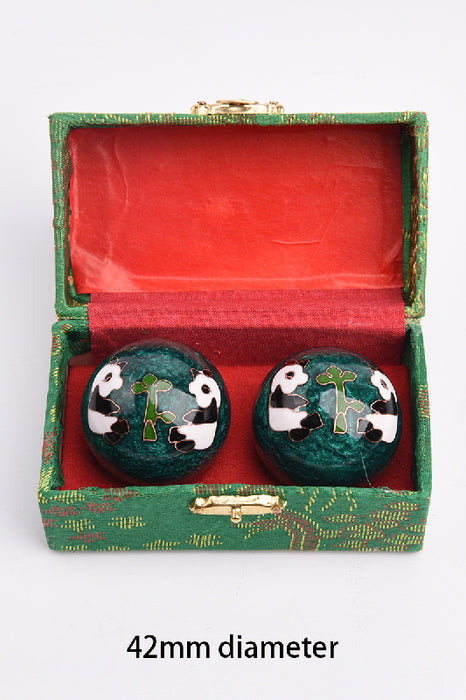 MISSING_YET_Qi Gong balls, enameled, green, panda white/black in green box, 42mm