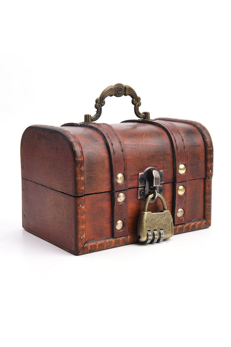 Holzbox braun mit Messinghenkel und Lederband mit Schloss 14.5x10x10cm