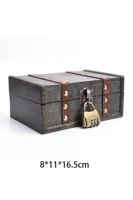 Boîte en bois marron avec lanière en cuir, rivets et serrure 16.5x11x8cm