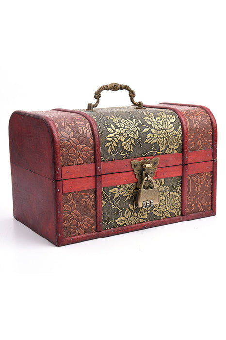 Red/brown wooden box with gold-colored floral pattern and brass handle with lock 26x16.5x16.5cm