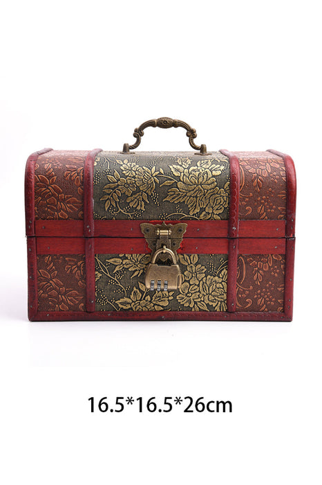 Red/brown wooden box with gold-colored floral pattern and brass handle with lock 26x16.5x16.5cm