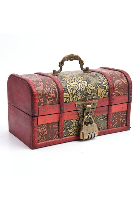Boîte en bois rouge/marron avec motif floral doré et poignée en laiton avec serrure 19.5x11.5x11.5cm
