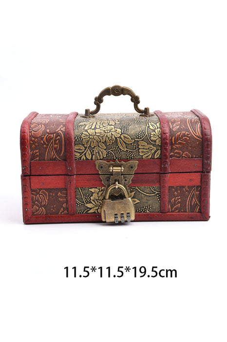 Boîte en bois rouge/marron avec motif floral doré et poignée en laiton avec serrure 19.5x11.5x11.5cm