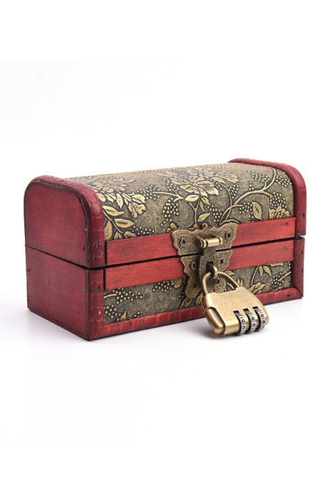 Boîte en bois rouge/marron avec motif floral doré et anse en laiton avec serrure 14,5x8x8cm
