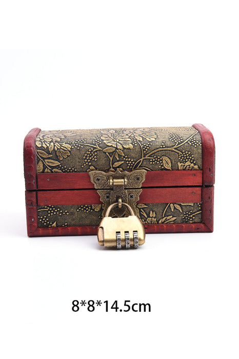 Boîte en bois rouge/marron avec motif floral doré et anse en laiton avec serrure 14,5x8x8cm