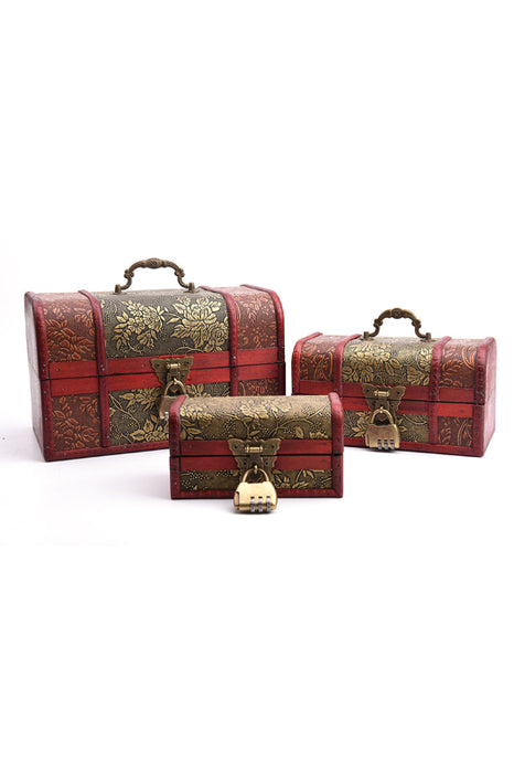 Boîte en bois rouge/marron avec motif floral doré et anse en laiton avec serrure 14,5x8x8cm