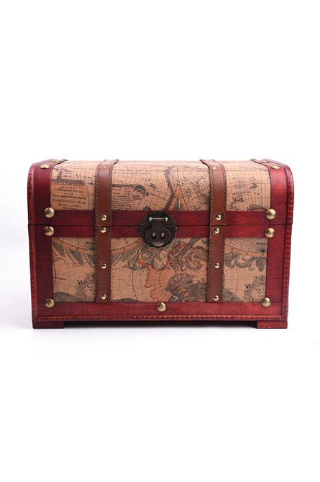 Boîte en bois marron motif carte du monde avec bande/rivets en cuir grande 40.5x24.5x23.5cm
