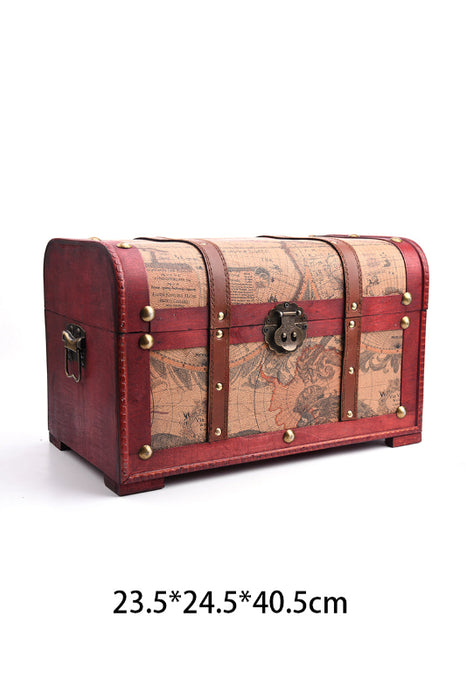 Boîte en bois marron motif carte du monde avec bande/rivets en cuir grande 40.5x24.5x23.5cm