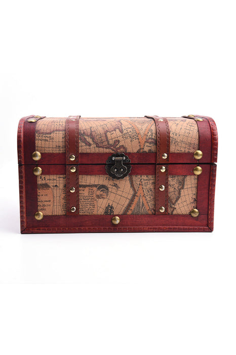 Holzbox braun mit Weltkartenmuster mit Lederband/Nieten Verzierung klein 30x15.5x15.5cm