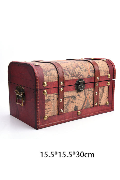 Holzbox braun mit Weltkartenmuster mit Lederband/Nieten Verzierung klein 30x15.5x15.5cm