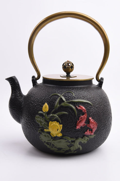 Théière en fonte noire, fleurs rouges/jaunes/vertes, 1400 ml
