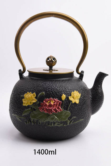 Théière en fonte noire, fleurs rouges/jaunes/vertes, 1400 ml