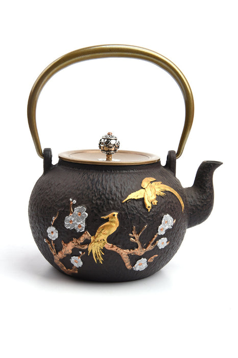 Théière en fonte noire avec branche et oiseaux argentés/bronze/dorés 1400ml
