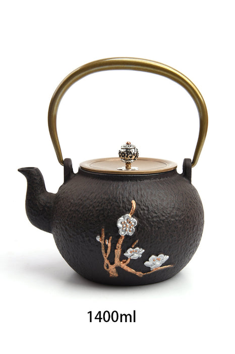Théière en fonte noire avec branche et oiseaux argentés/bronze/dorés 1400ml
