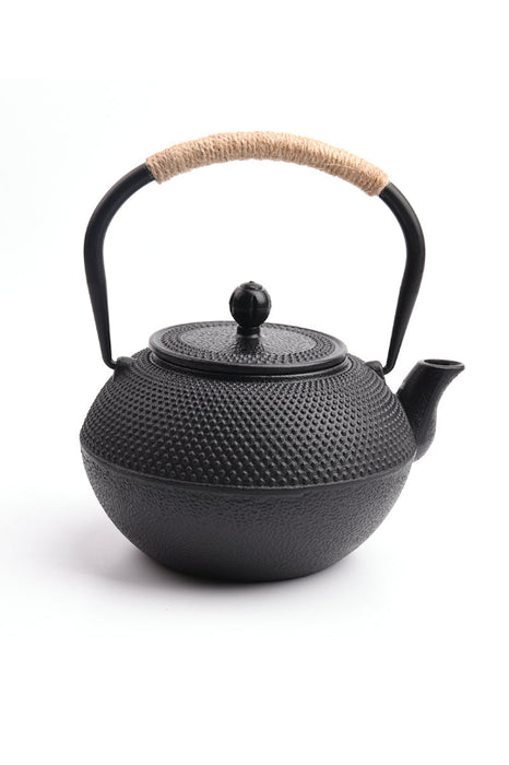 Théière en fonte noire nervurée, anse gainée de corde 1200ml 18.5x20cm