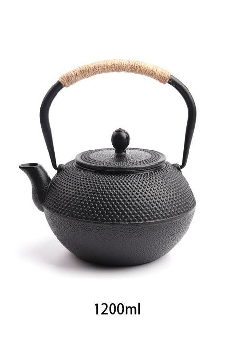 Théière en fonte noire nervurée, anse gainée de corde 1200ml 18.5x20cm