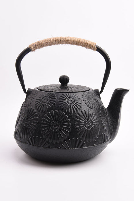 Théière en fonte noire avec motif floral monochrome, anse tressée avec cordon 1200ml 17.5x20.5cm