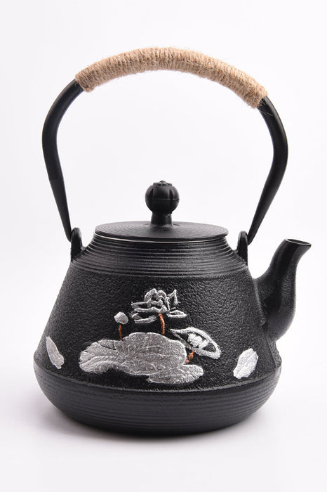 Théière en fonte noire, ornements argentés, anse avec cordon, 1300ml
